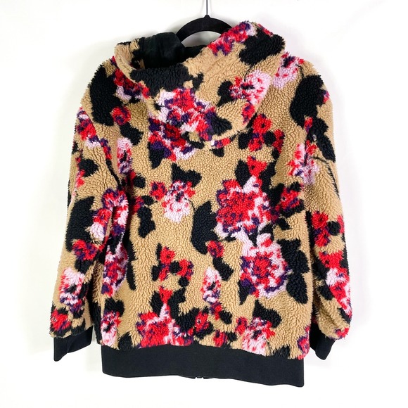 MSGM Giubbino Fleece Jacket Tan Red Floral Sherpa Zip Up Hooded Sz 38 / 4 US